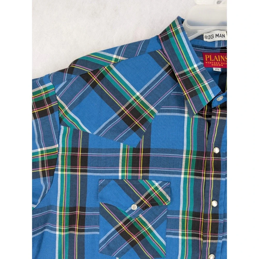 Vintage Plains Western Wear Mens 2X Big‎ Man Blue Plaid SS Pearl Snap Shirt